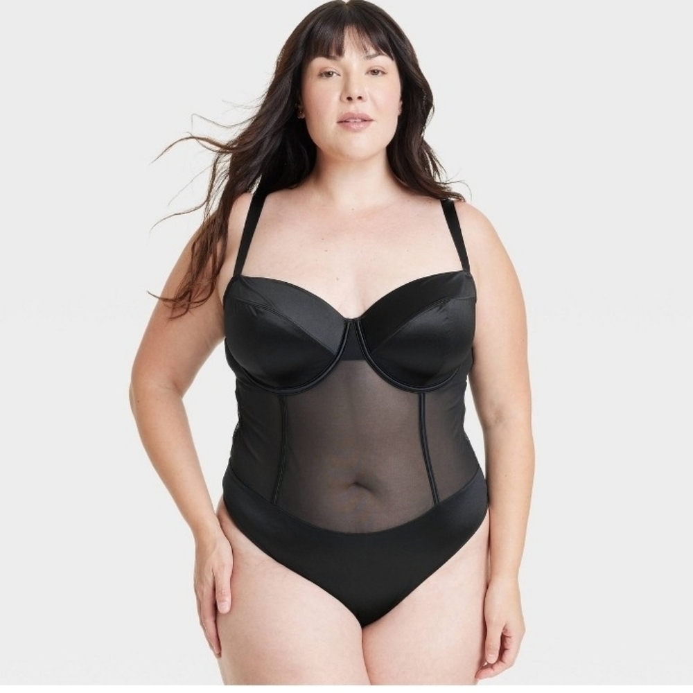 Auden Women's Satin And Mesh Lightly Lined Lingerie Bodysuit Black Spandex Knit